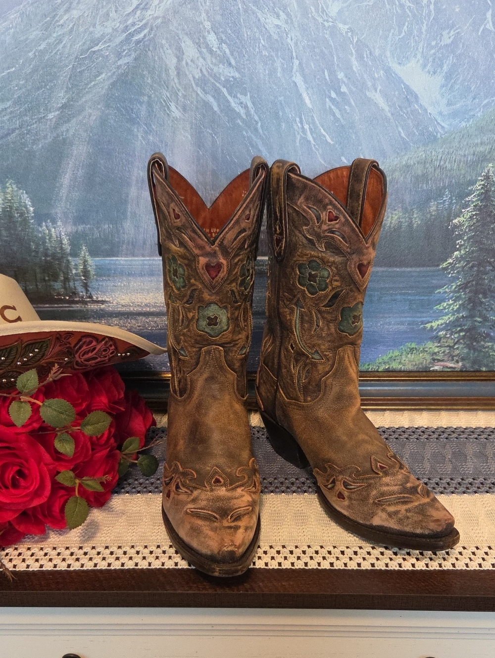 Dan Post Sanded Vintage Blue Arrow Leather Boots Floral Inlays Size 9